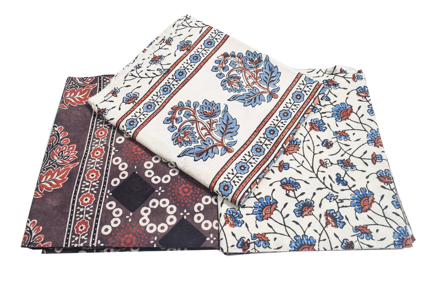 Ajrakh Cotton Natural Dye Three Colour Print | 3 Kam | Hand Block Print Dress Material with 44 Inch wide Dupatta - 2.5 Mt Top   -  SKU : AI03701O