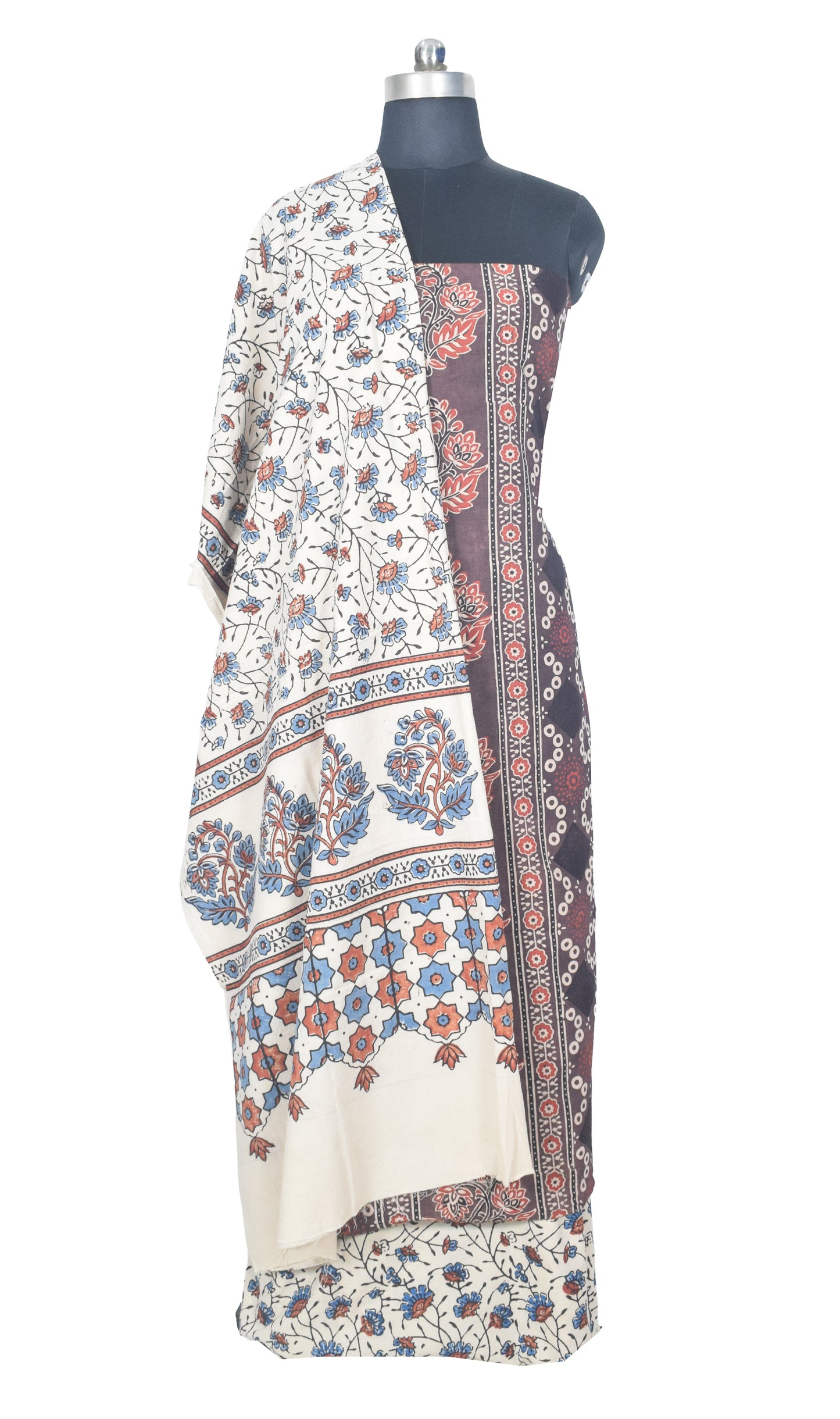Ajrakh Cotton Natural Dye Three Colour Print | 3 Kam | Hand Block Print Dress Material with 44 Inch wide Dupatta - 2.5 Mt Top   -  SKU : AI03701O