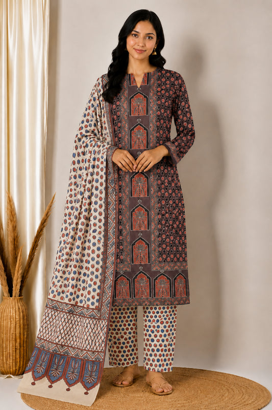 Ajrakh Cotton Natural Dye Three Colour Print | 3 Kam | Hand Block Print Dress Material with 44 Inch wide Dupatta - 2.5 Mt Top   -  SKU : AI03701P