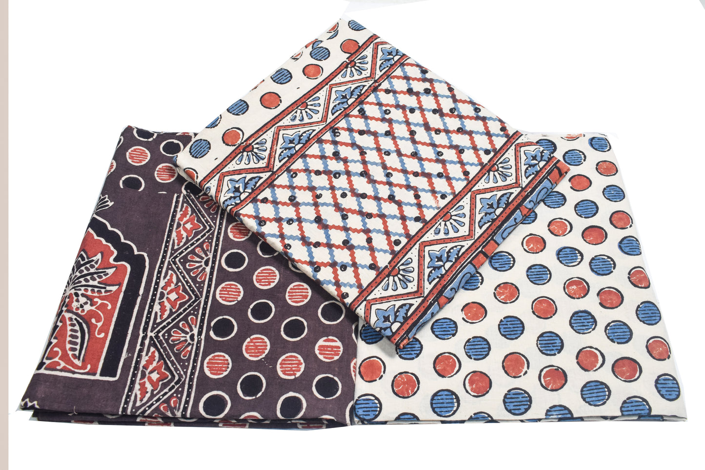 Ajrakh Cotton Natural Dye Three Colour Print | 3 Kam | Hand Block Print Dress Material with 44 Inch wide Dupatta - 2.5 Mt Top   -  SKU : AI03701P