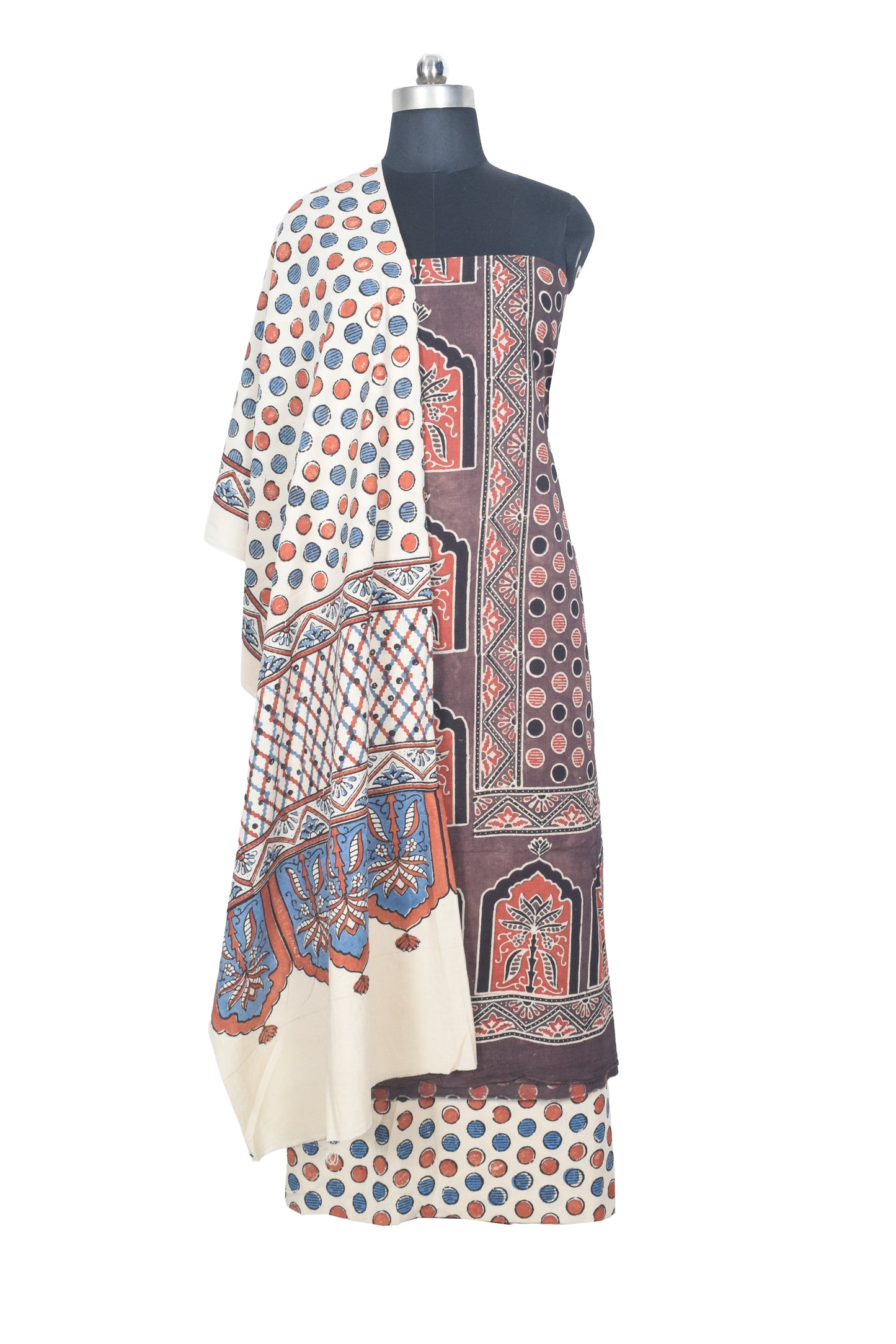 Ajrakh Cotton Natural Dye Three Colour Print | 3 Kam | Hand Block Print Dress Material with 44 Inch wide Dupatta - 2.5 Mt Top   -  SKU : AI03701P