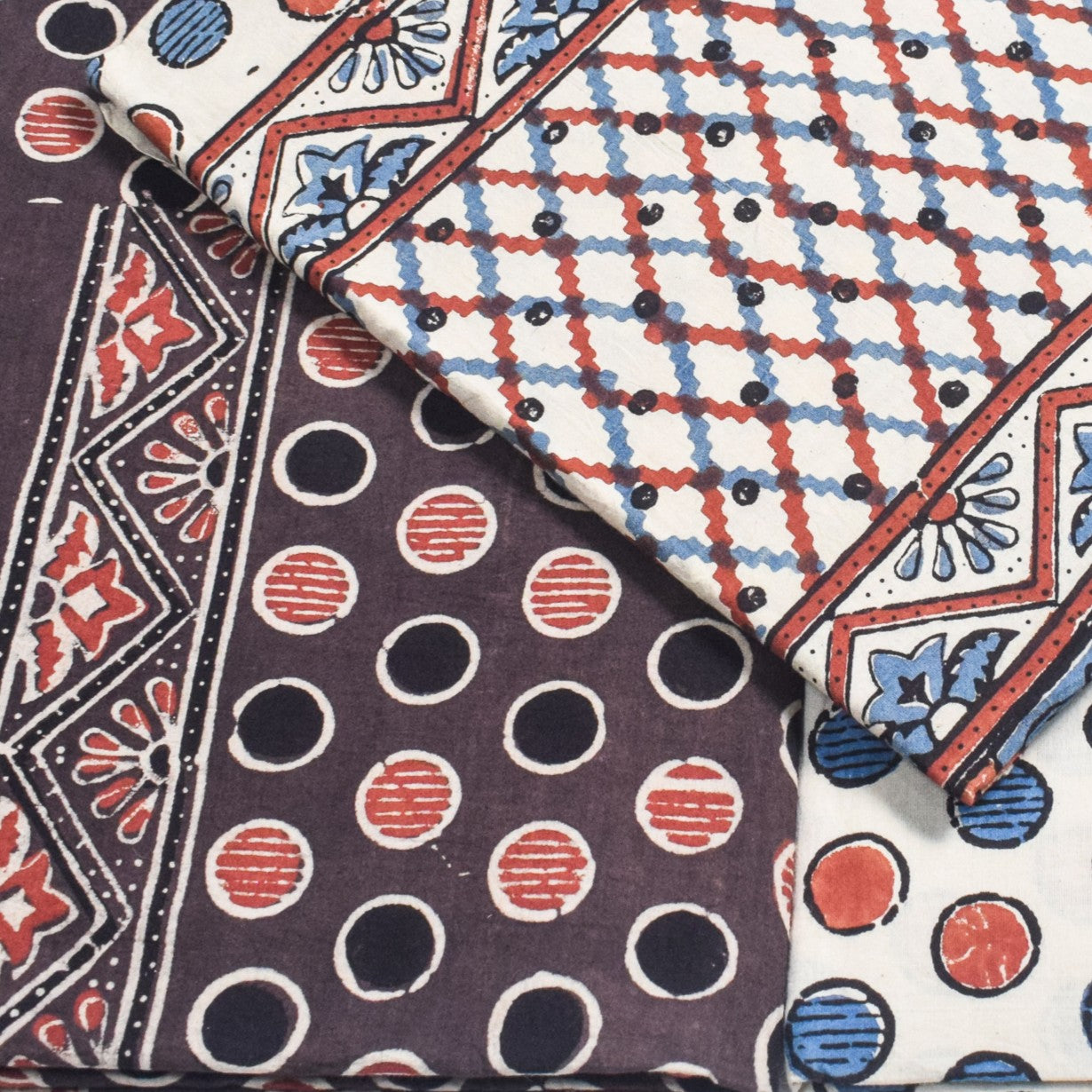 Ajrakh Cotton Natural Dye Three Colour Print | 3 Kam | Hand Block Print Dress Material with 44 Inch wide Dupatta - 2.5 Mt Top   -  SKU : AI03701P