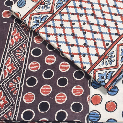 Ajrakh Cotton Natural Dye Three Colour Print | 3 Kam | Hand Block Print Dress Material with 44 Inch wide Dupatta - 2.5 Mt Top   -  SKU : AI03701P
