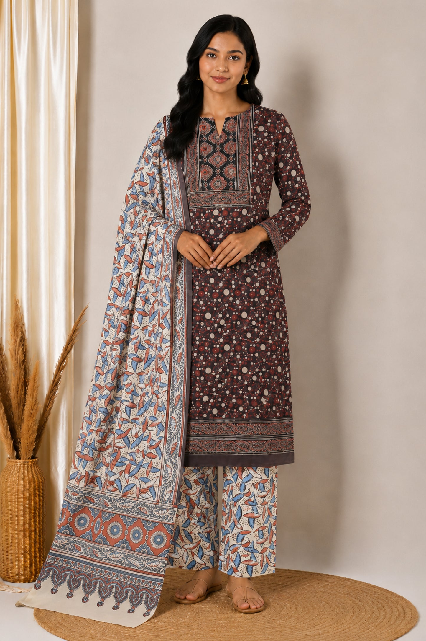 Ajrakh Cotton Natural Dye Three Colour Print | 3 Kam | Hand Block Print Dress Material with 44 Inch wide Dupatta - 2.5 Mt Top   -  SKU : AI03701Q