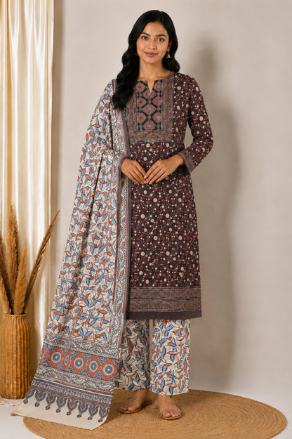 Ajrakh Cotton Natural Dye Three Colour Print | 3 Kam | Hand Block Print Dress Material with 44 Inch wide Dupatta - 2.5 Mt Top   -  SKU : AI03701Q