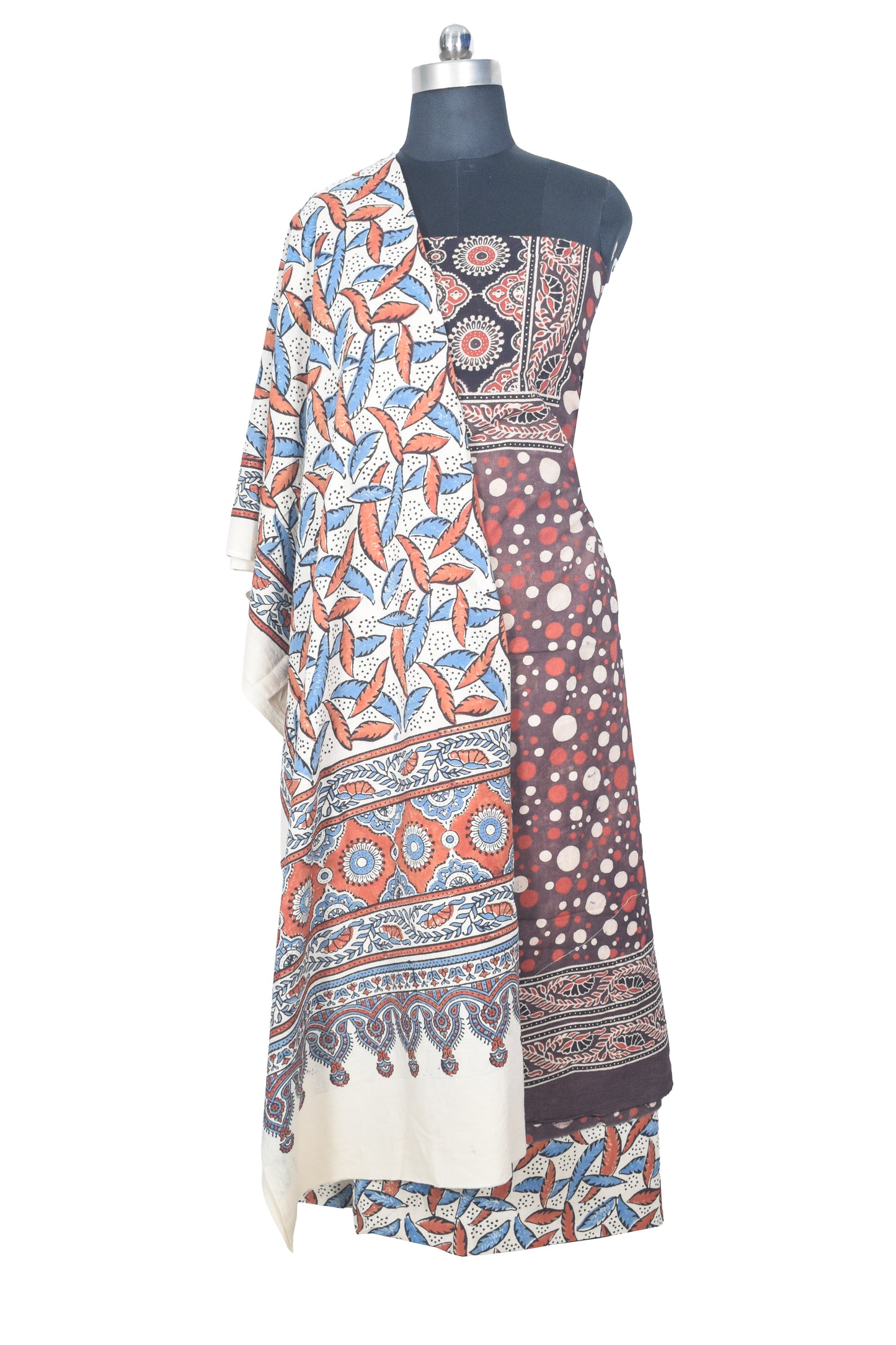 Ajrakh Cotton Natural Dye Three Colour Print | 3 Kam | Hand Block Print Dress Material with 44 Inch wide Dupatta - 2.5 Mt Top   -  SKU : AI03701Q