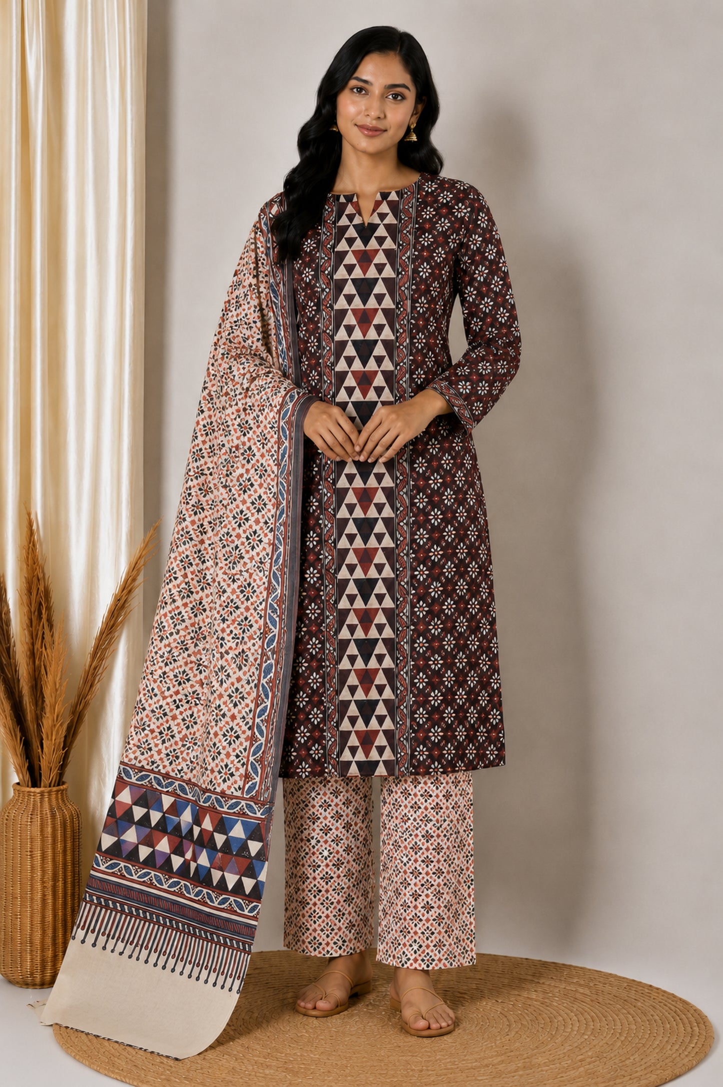 Ajrakh Cotton Natural Dye Three Colour Print | 3 Kam | Hand Block Print Dress Material with 44 Inch wide Dupatta - 2.5 Mt Top   -  SKU : AI03701R