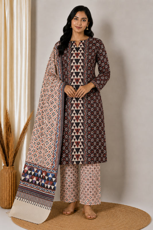 Ajrakh Cotton Natural Dye Three Colour Print | 3 Kam | Hand Block Print Dress Material with 44 Inch wide Dupatta - 2.5 Mt Top   -  SKU : AI03701R