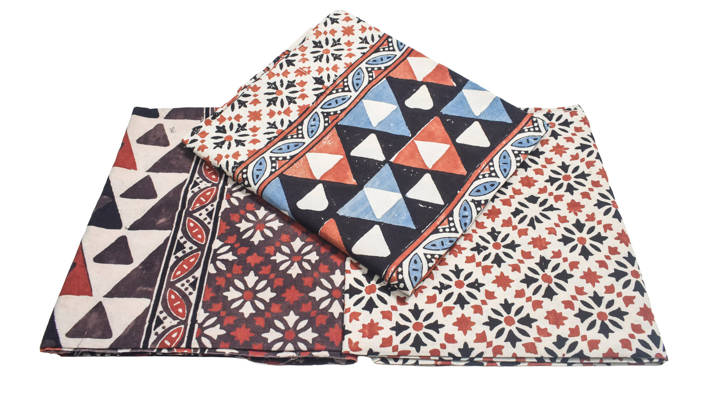 Ajrakh Cotton Natural Dye Three Colour Print | 3 Kam | Hand Block Print Dress Material with 44 Inch wide Dupatta - 2.5 Mt Top   -  SKU : AI03701R