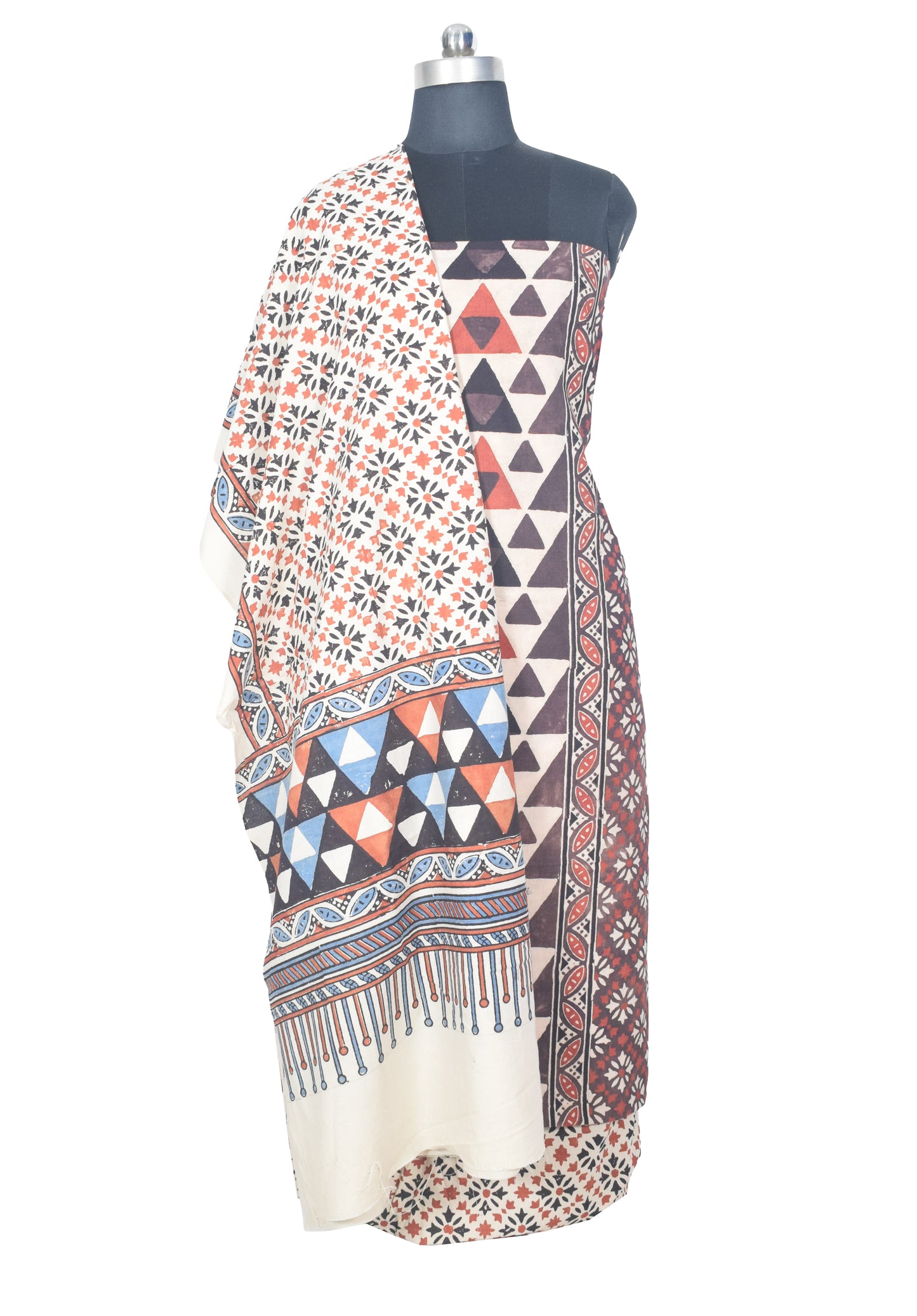 Ajrakh Cotton Natural Dye Three Colour Print | 3 Kam | Hand Block Print Dress Material with 44 Inch wide Dupatta - 2.5 Mt Top   -  SKU : AI03701R