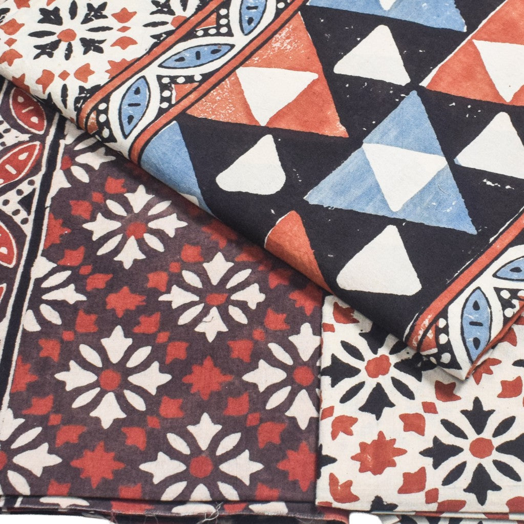 Ajrakh Cotton Natural Dye Three Colour Print | 3 Kam | Hand Block Print Dress Material with 44 Inch wide Dupatta - 2.5 Mt Top   -  SKU : AI03701R