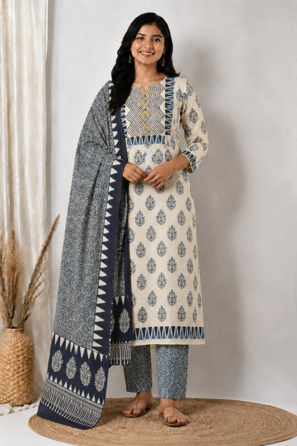Ajrakh Cotton Natural Dye Three Colour Print | 3 Kam | Hand Block Print Dress Material with 44 Inch wide Dupatta - 2.5 Mt Top   -  SKU : AI03701A