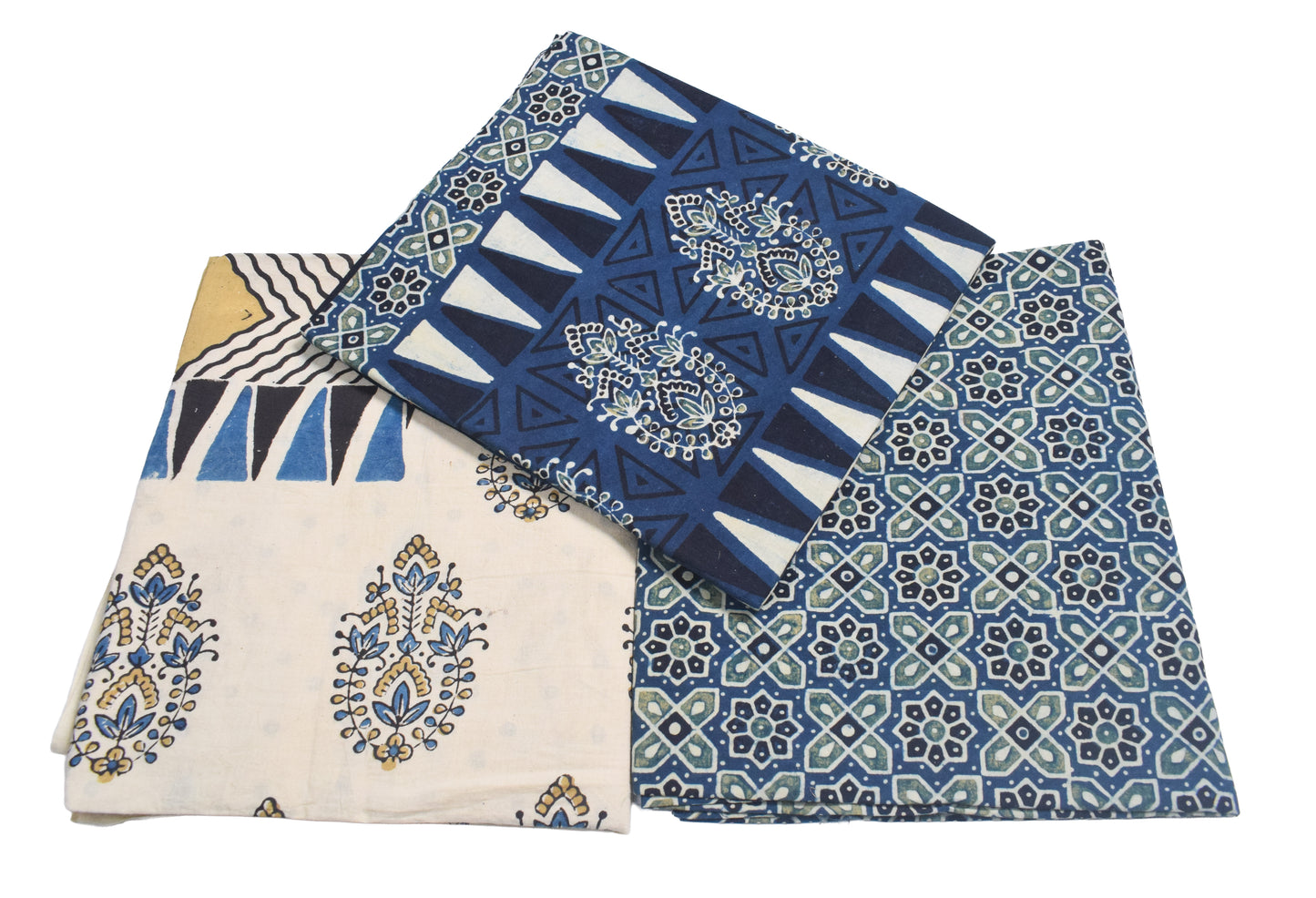 Ajrakh Cotton Natural Dye Three Colour Print | 3 Kam | Hand Block Print Dress Material with 44 Inch wide Dupatta - 2.5 Mt Top   -  SKU : AI03701A