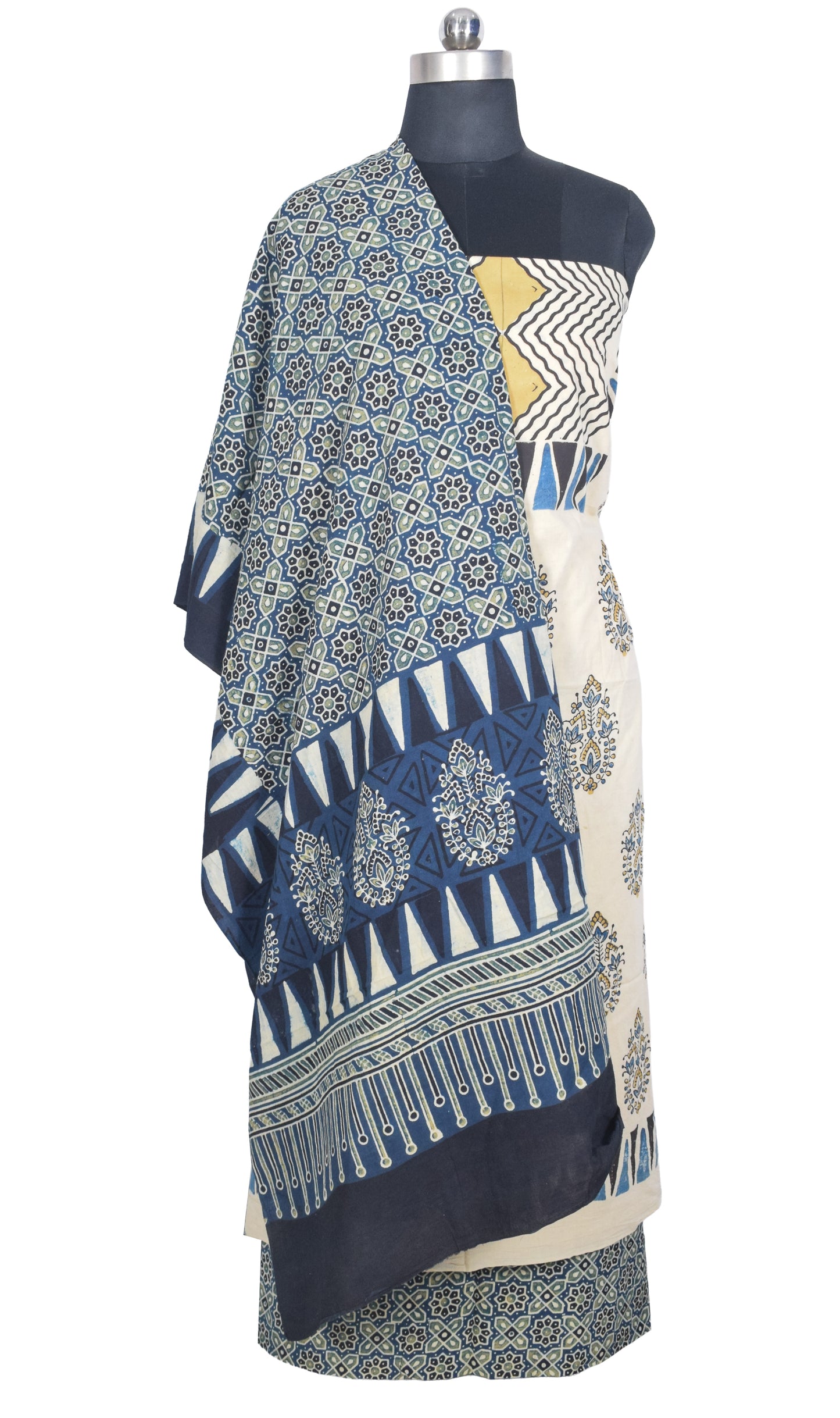 Ajrakh Cotton Natural Dye Three Colour Print | 3 Kam | Hand Block Print Dress Material with 44 Inch wide Dupatta - 2.5 Mt Top   -  SKU : AI03701A