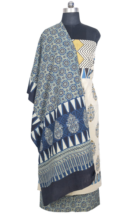 Ajrakh Cotton Natural Dye Three Colour Print | 3 Kam | Hand Block Print Dress Material with 44 Inch wide Dupatta - 2.5 Mt Top   -  SKU : AI03701A