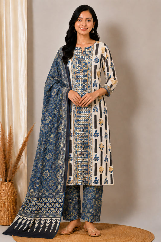Ajrakh Cotton Natural Dye Three Colour Print | 3 Kam | Hand Block Print Dress Material with 44 Inch wide Dupatta - 2.5 Mt Top   -  SKU : AI03701B
