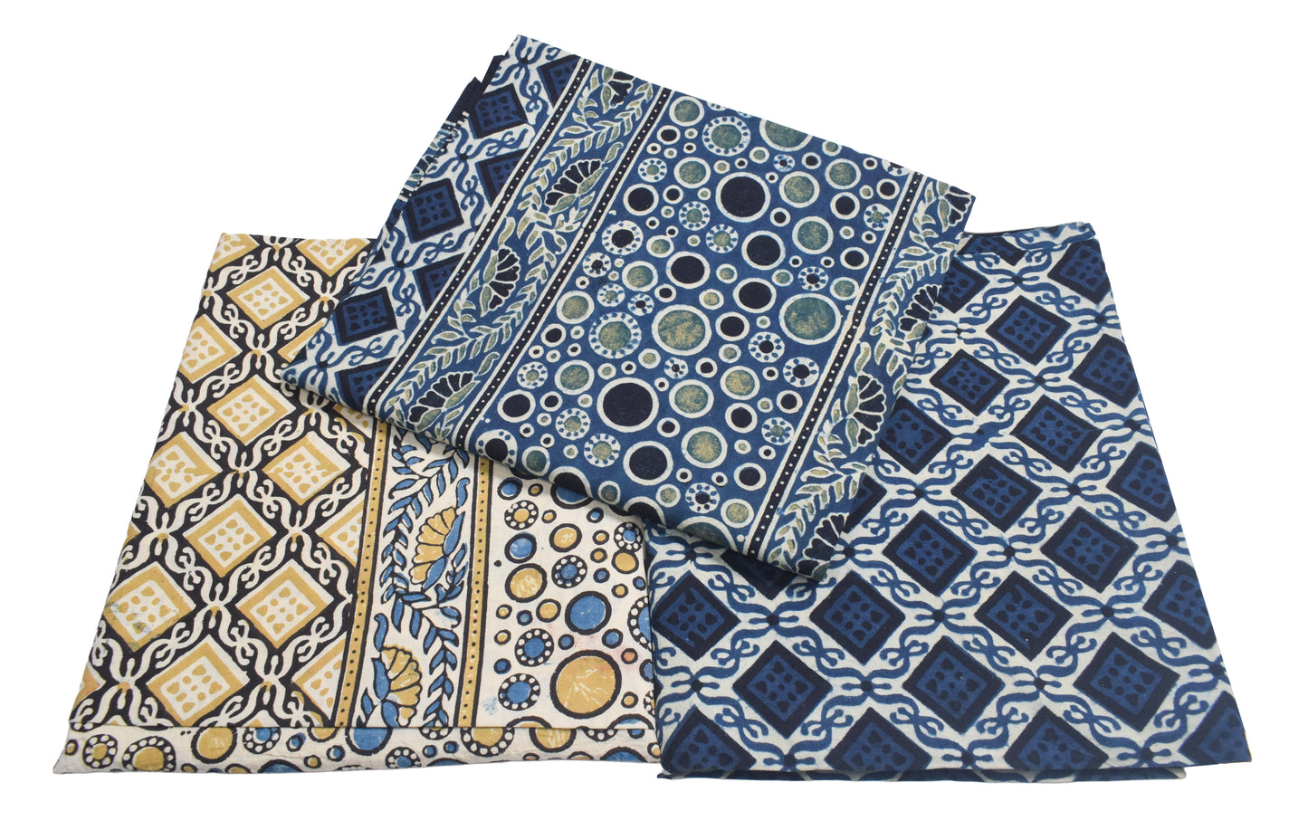 Ajrakh Cotton Natural Dye Three Colour Print | 3 Kam | Hand Block Print Dress Material with 44 Inch wide Dupatta - 2.5 Mt Top   -  SKU : AI03701B