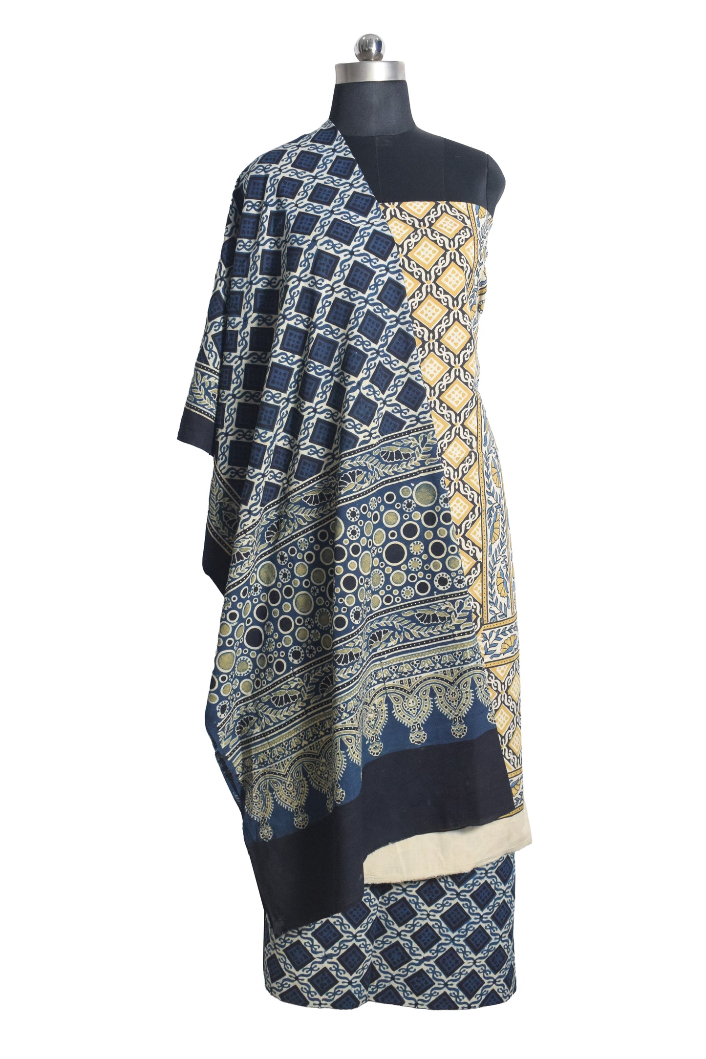 Ajrakh Cotton Natural Dye Three Colour Print | 3 Kam | Hand Block Print Dress Material with 44 Inch wide Dupatta - 2.5 Mt Top   -  SKU : AI03701B