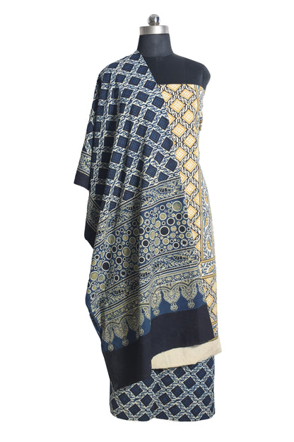 Ajrakh Cotton Natural Dye Three Colour Print | 3 Kam | Hand Block Print Dress Material with 44 Inch wide Dupatta - 2.5 Mt Top   -  SKU : AI03701B