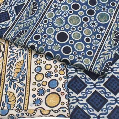 Ajrakh Cotton Natural Dye Three Colour Print | 3 Kam | Hand Block Print Dress Material with 44 Inch wide Dupatta - 2.5 Mt Top   -  SKU : AI03701B