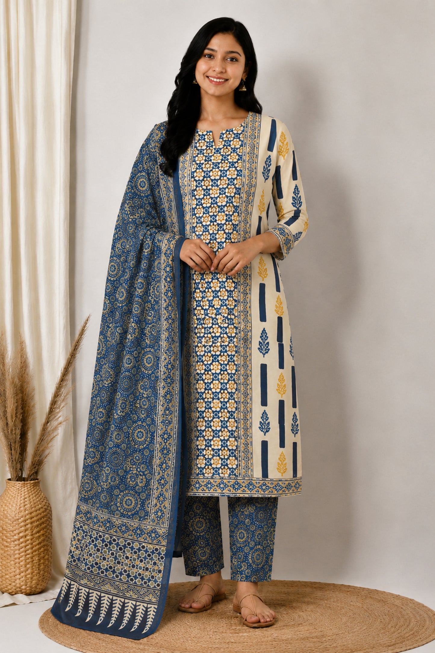 Ajrakh Cotton Natural Dye Three Colour Print | 3 Kam | Hand Block Print Dress Material with 44 Inch wide Dupatta - 2.5 Mt Top   -  SKU : AI03701C