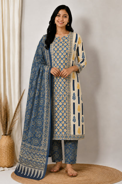 Ajrakh Cotton Natural Dye Three Colour Print | 3 Kam | Hand Block Print Dress Material with 44 Inch wide Dupatta - 2.5 Mt Top   -  SKU : AI03701C
