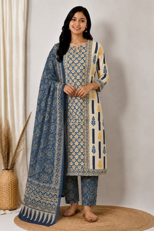 Ajrakh Cotton Natural Dye Three Colour Print | 3 Kam | Hand Block Print Dress Material with 44 Inch wide Dupatta - 2.5 Mt Top   -  SKU : AI03701C
