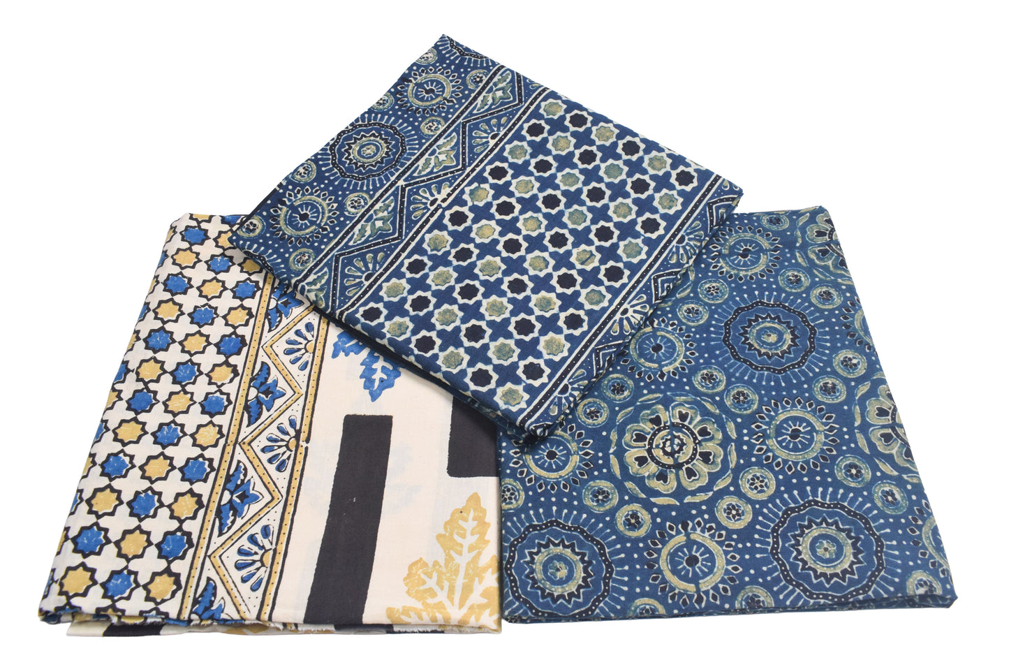 Ajrakh Cotton Natural Dye Three Colour Print | 3 Kam | Hand Block Print Dress Material with 44 Inch wide Dupatta - 2.5 Mt Top   -  SKU : AI03701C