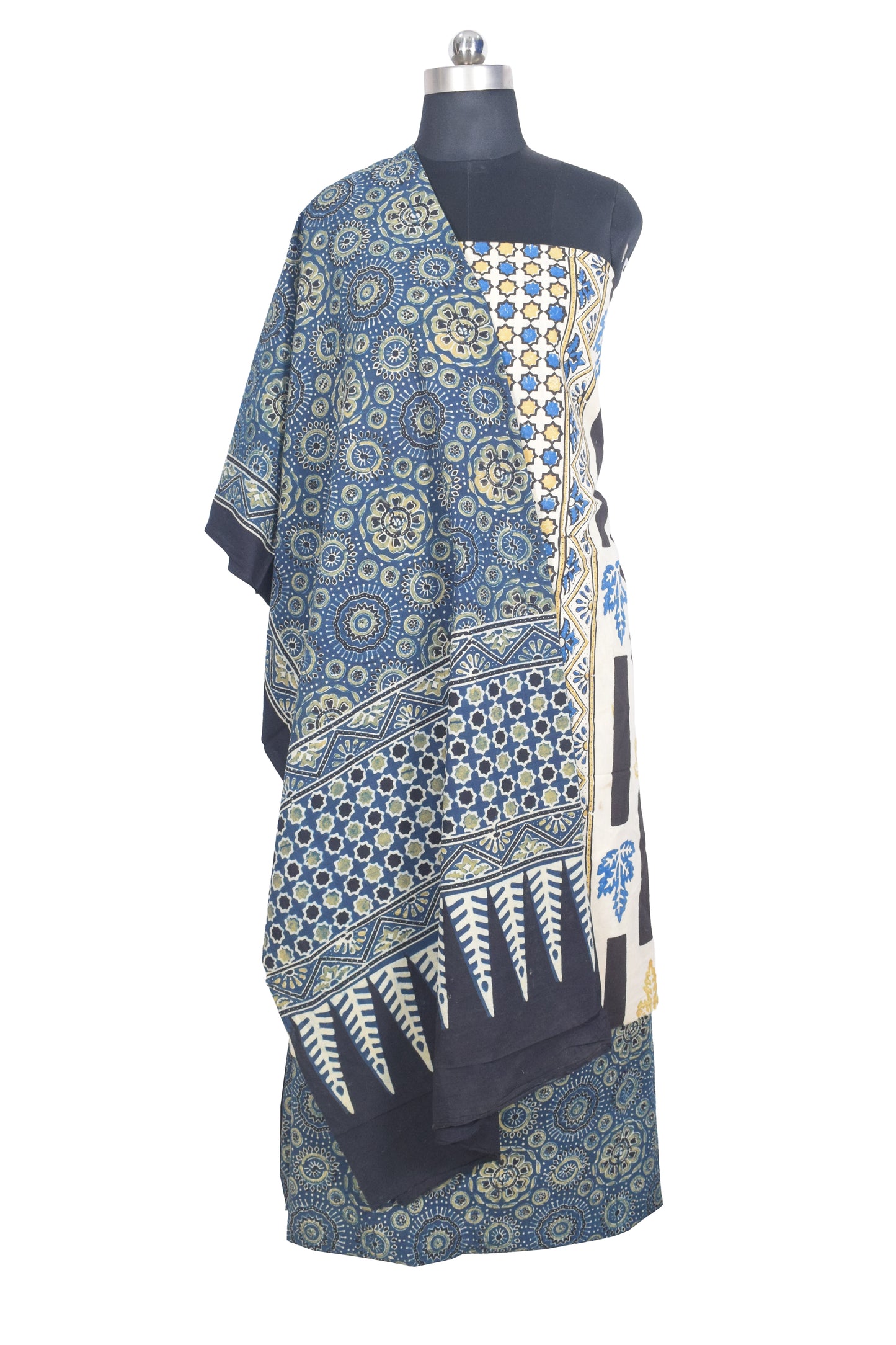 Ajrakh Cotton Natural Dye Three Colour Print | 3 Kam | Hand Block Print Dress Material with 44 Inch wide Dupatta - 2.5 Mt Top   -  SKU : AI03701C