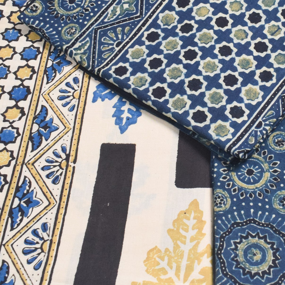Ajrakh Cotton Natural Dye Three Colour Print | 3 Kam | Hand Block Print Dress Material with 44 Inch wide Dupatta - 2.5 Mt Top   -  SKU : AI03701C