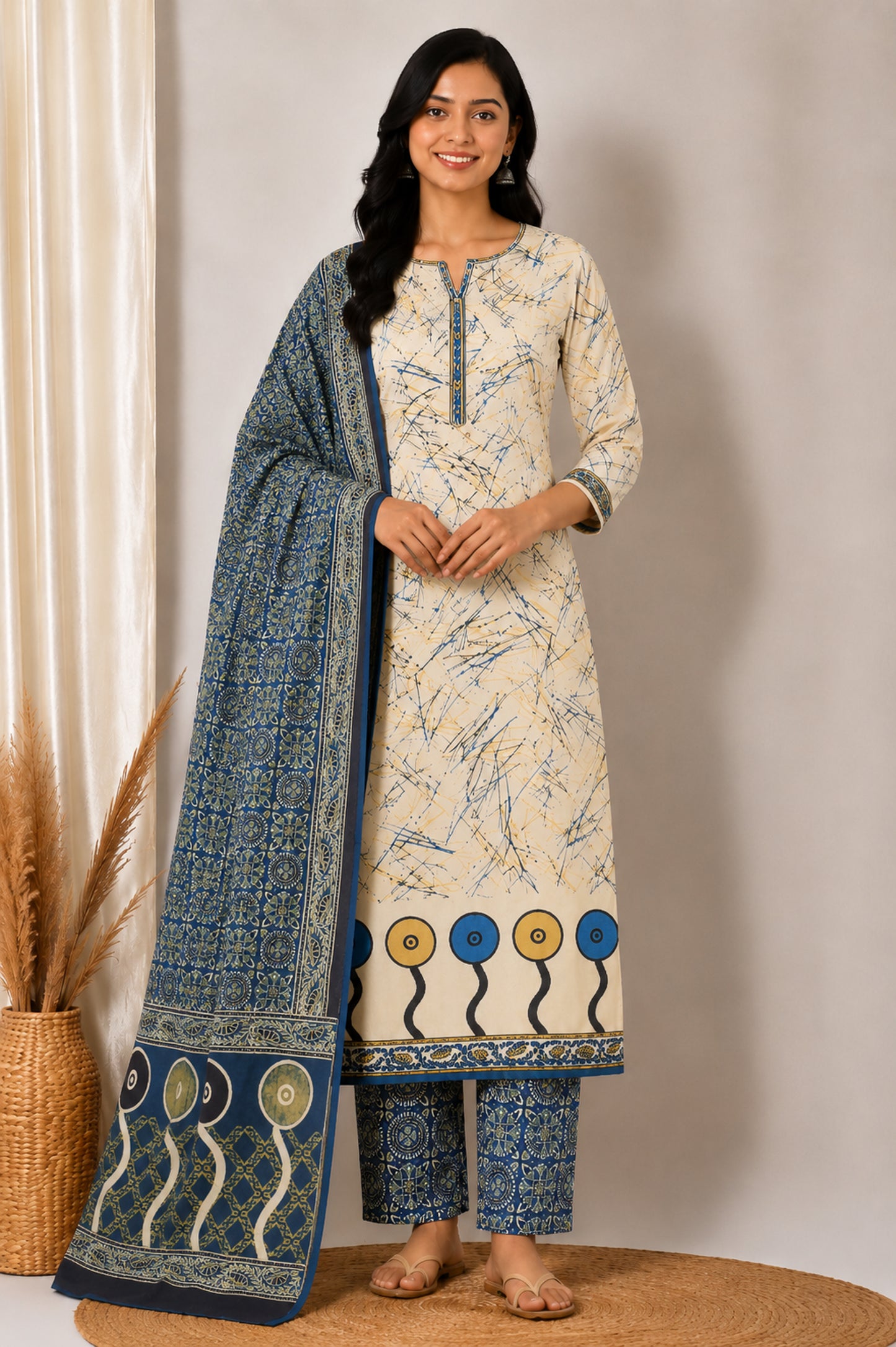 Ajrakh Cotton Natural Dye Three Colour Print | 3 Kam | Hand Block Print Dress Material with 44 Inch wide Dupatta - 2.5 Mt Top   -  SKU : AI03701D