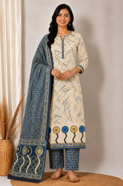 Ajrakh Cotton Natural Dye Three Colour Print | 3 Kam | Hand Block Print Dress Material with 44 Inch wide Dupatta - 2.5 Mt Top   -  SKU : AI03701D