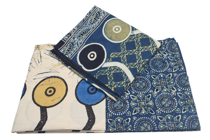 Ajrakh Cotton Natural Dye Three Colour Print | 3 Kam | Hand Block Print Dress Material with 44 Inch wide Dupatta - 2.5 Mt Top   -  SKU : AI03701D