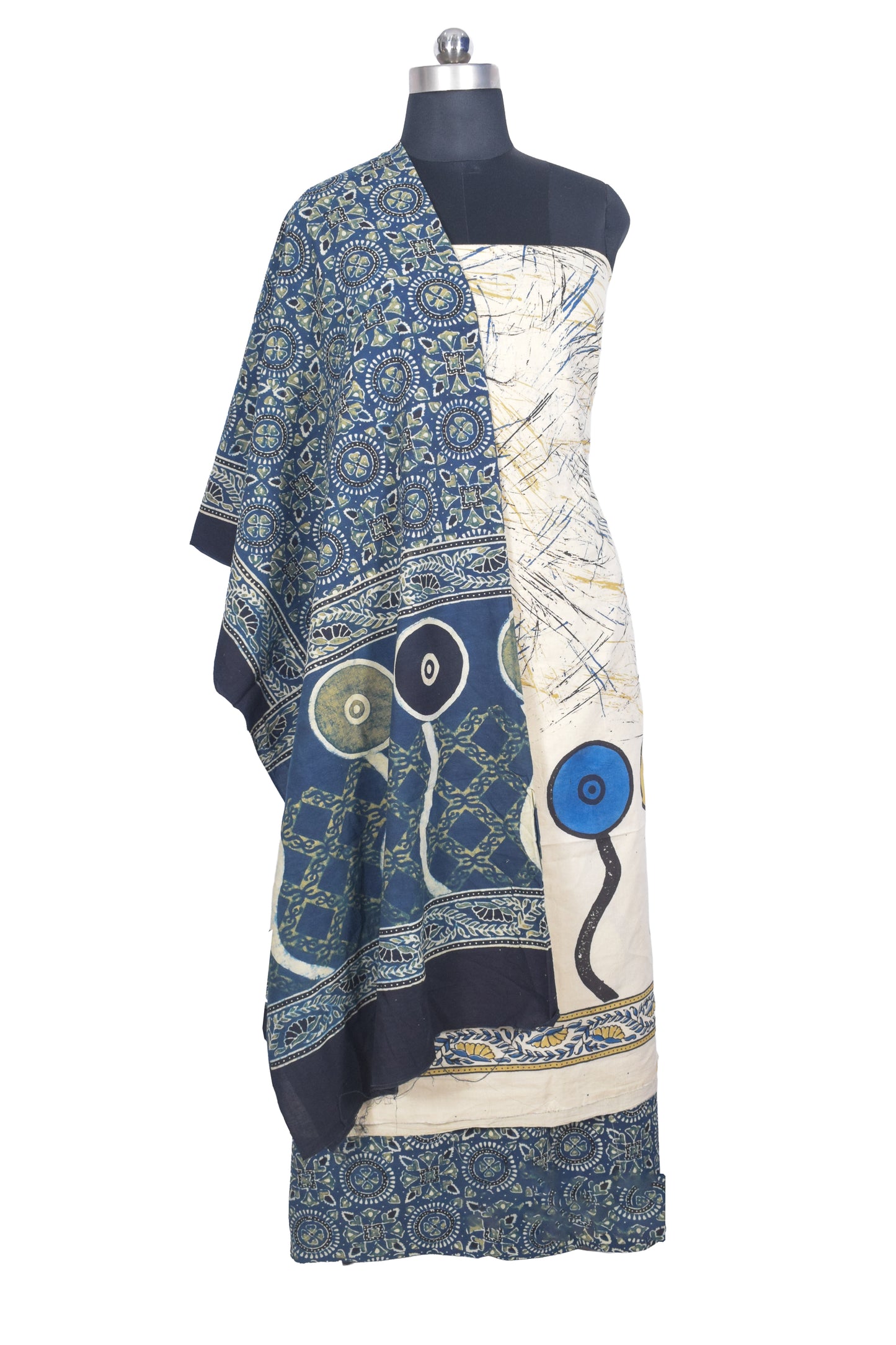 Ajrakh Cotton Natural Dye Three Colour Print | 3 Kam | Hand Block Print Dress Material with 44 Inch wide Dupatta - 2.5 Mt Top   -  SKU : AI03701D