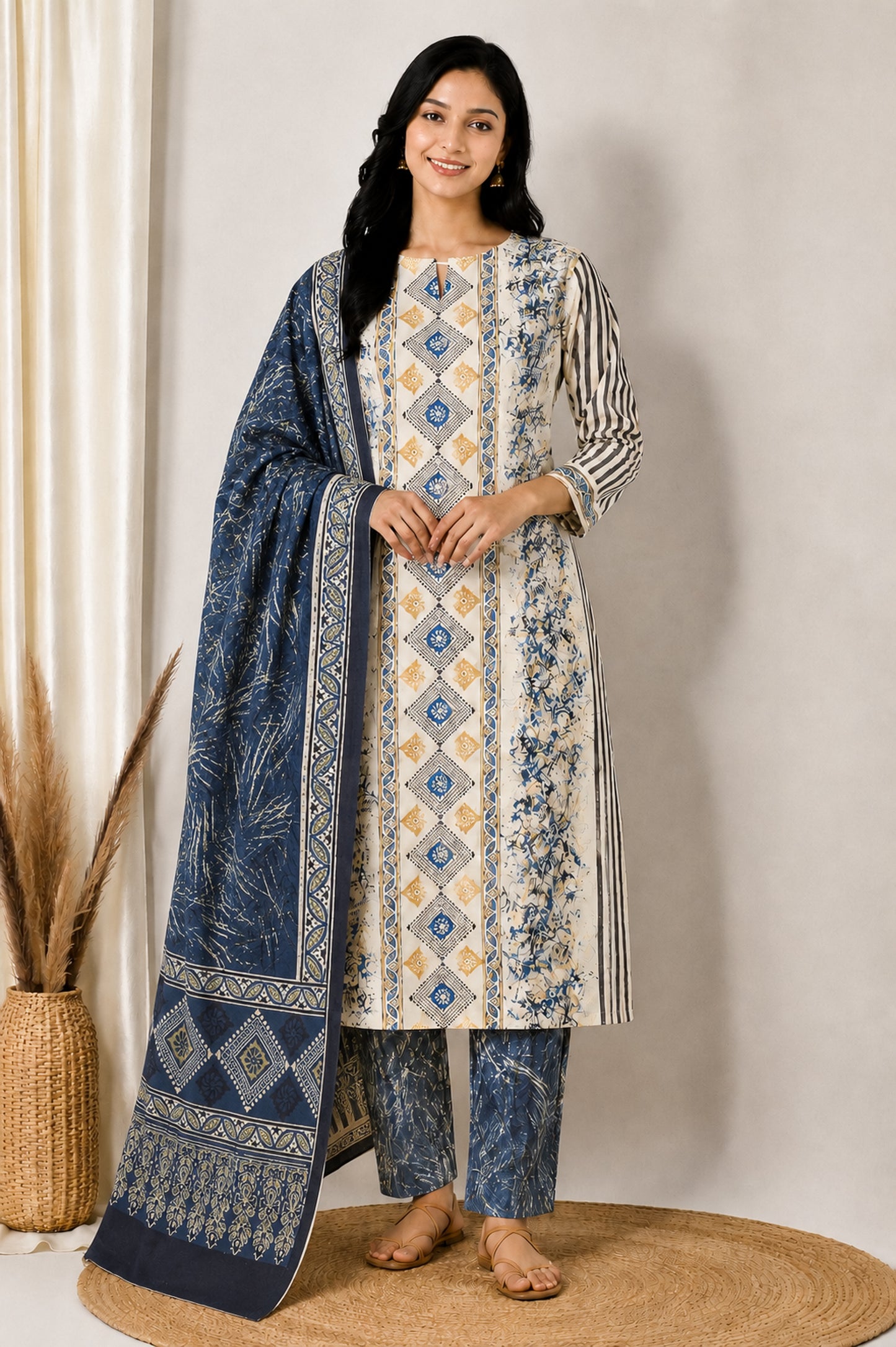 Ajrakh Cotton Natural Dye Three Colour Print | 3 Kam | Hand Block Print Dress Material with 44 Inch wide Dupatta - 2.5 Mt Top   -  SKU : AI03701E