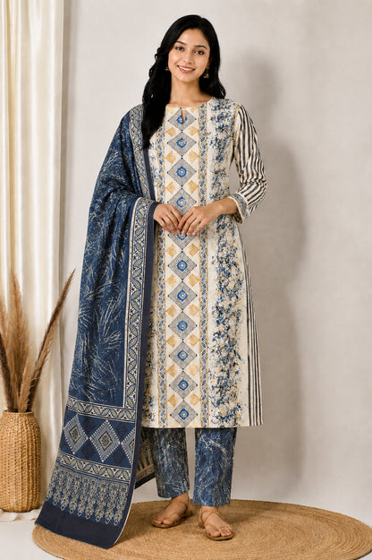 Ajrakh Cotton Natural Dye Three Colour Print | 3 Kam | Hand Block Print Dress Material with 44 Inch wide Dupatta - 2.5 Mt Top   -  SKU : AI03701E