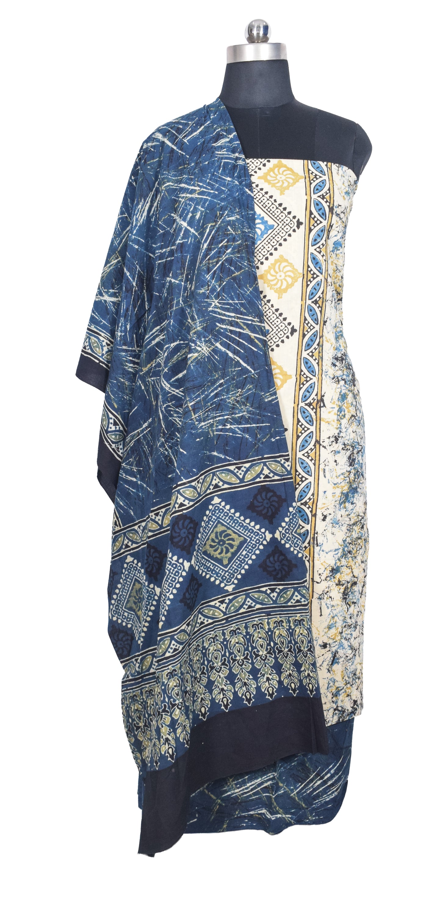 Ajrakh Cotton Natural Dye Three Colour Print | 3 Kam | Hand Block Print Dress Material with 44 Inch wide Dupatta - 2.5 Mt Top   -  SKU : AI03701E