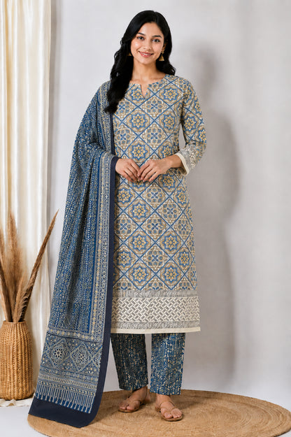 Ajrakh Cotton Natural Dye Three Colour Print | 3 Kam | Hand Block Print Dress Material with 44 Inch wide Dupatta - 2.5 Mt Top   -  SKU : AI03701F