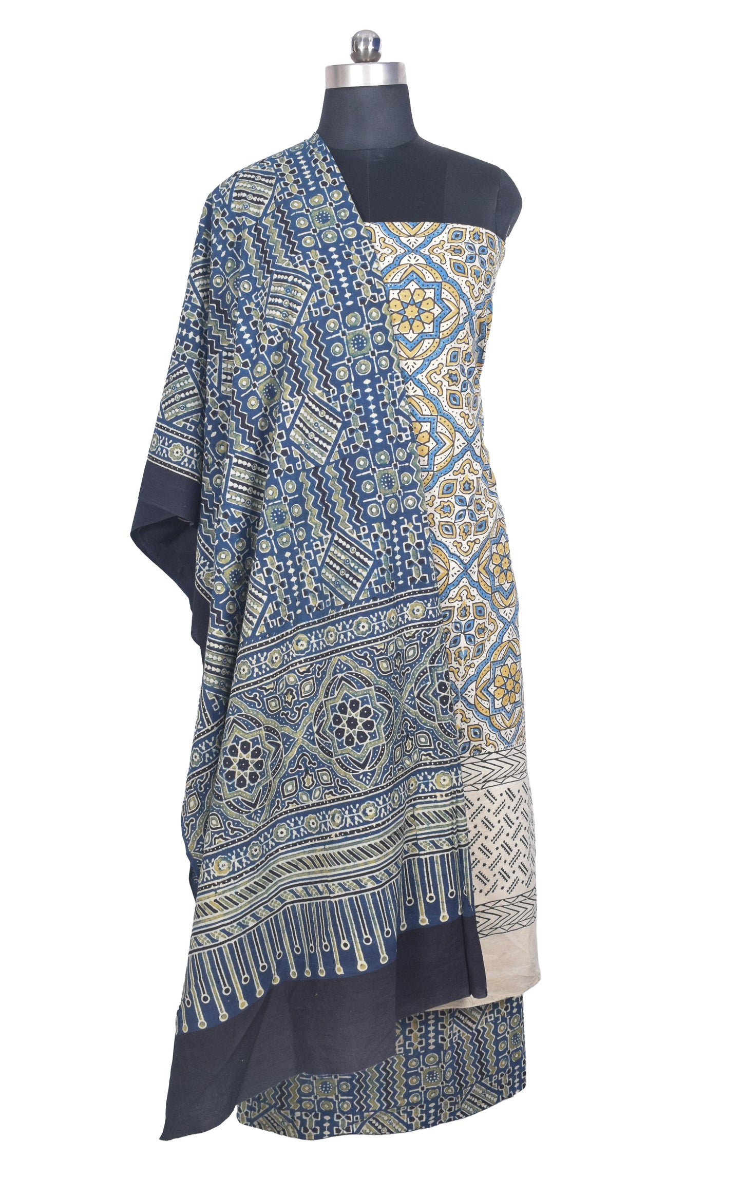 Ajrakh Cotton Natural Dye Three Colour Print | 3 Kam | Hand Block Print Dress Material with 44 Inch wide Dupatta - 2.5 Mt Top   -  SKU : AI03701F