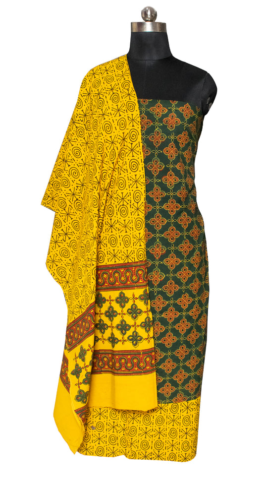 Ajrakh Cotton Natural Dye Three Colour Full Printed Hand Block Print Dress Material with 44 Inch wide Dupatta - 2.5 Mt Top    -  SKU : ID02502D