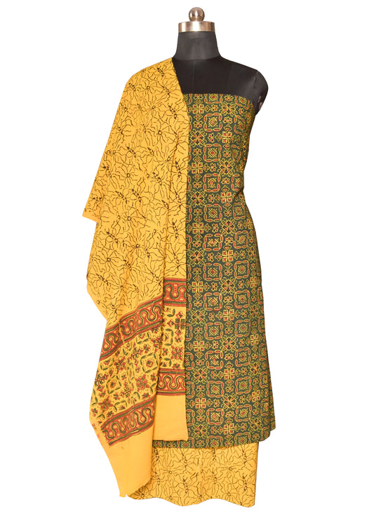Ajrakh Cotton Natural Dye Three Colour Print Hand Block Print Dress Material  with 44 Inch wide Dupatta  - 2.5  Mt Top    -  SKU : ID03B01B