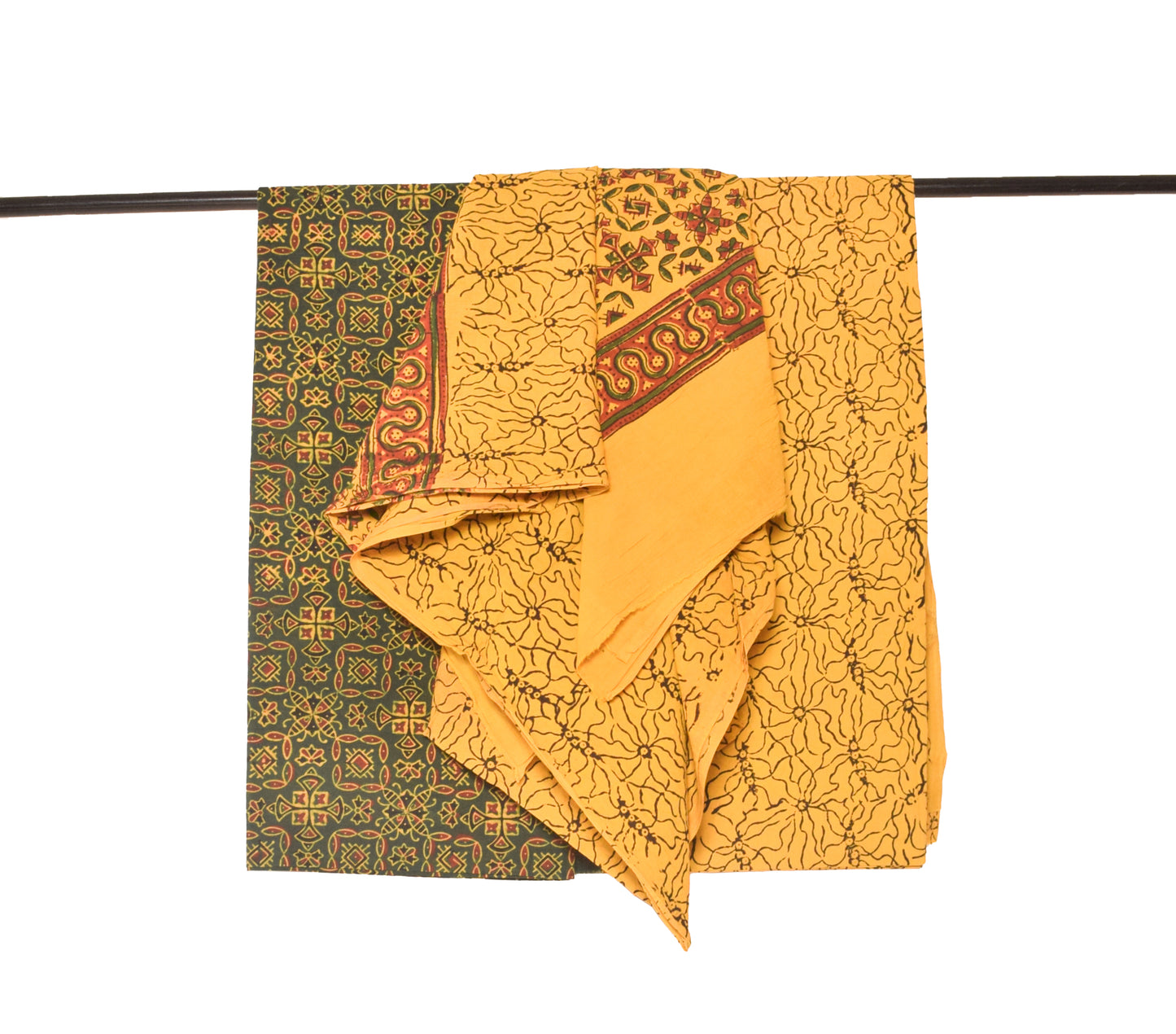 Ajrakh Cotton Natural Dye Three Colour Print Hand Block Print Dress Material  with 44 Inch wide Dupatta  - 2.5  Mt Top    -  SKU : ID03B01B