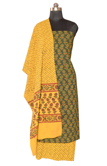 Ajrakh Cotton Natural Dye Three Colour Print Hand Block Print Dress Material  with 44 Inch wide Dupatta  - 2.5  Mt Top    -  SKU : ID30A01B