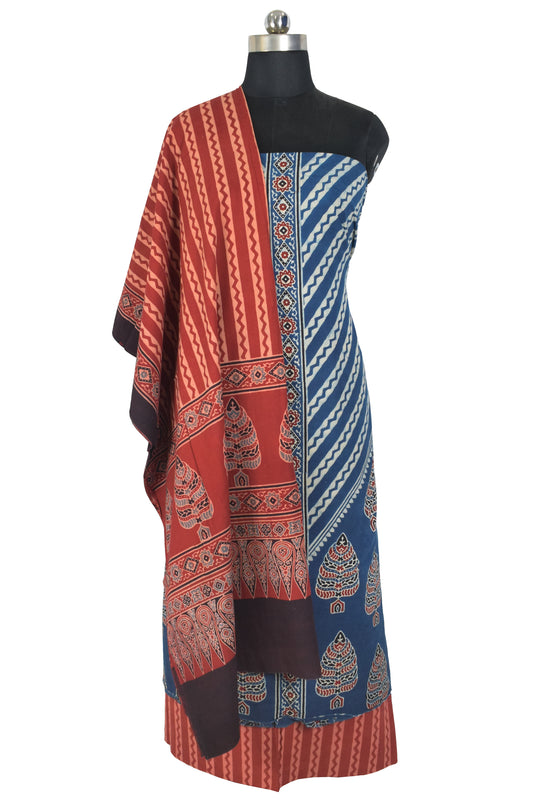 Ajrakh Cotton Natural Dye Three Colour Full Printed Hand Block Print Dress Material with 44 Inch wide Dupatta - 2.5 Mt Top    -  SKU : AI03501F