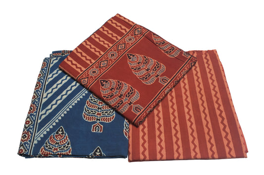 Ajrakh Cotton Natural Dye Three Colour Full Printed Hand Block Print Dress Material with 44 Inch wide Dupatta - 2.5 Mt Top    -  SKU : AI03501F