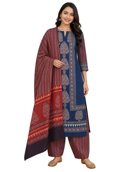 Ajrakh Cotton Natural Dye Three Colour Full Printed Hand Block Print Dress Material with 44 Inch wide Dupatta - 2.5 Mt Top    -  SKU : AI03501L