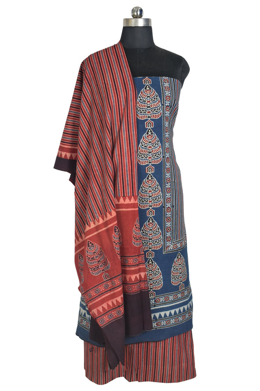 Ajrakh Cotton Natural Dye Three Colour Full Printed Hand Block Print Dress Material with 44 Inch wide Dupatta - 2.5 Mt Top    -  SKU : AI03501L
