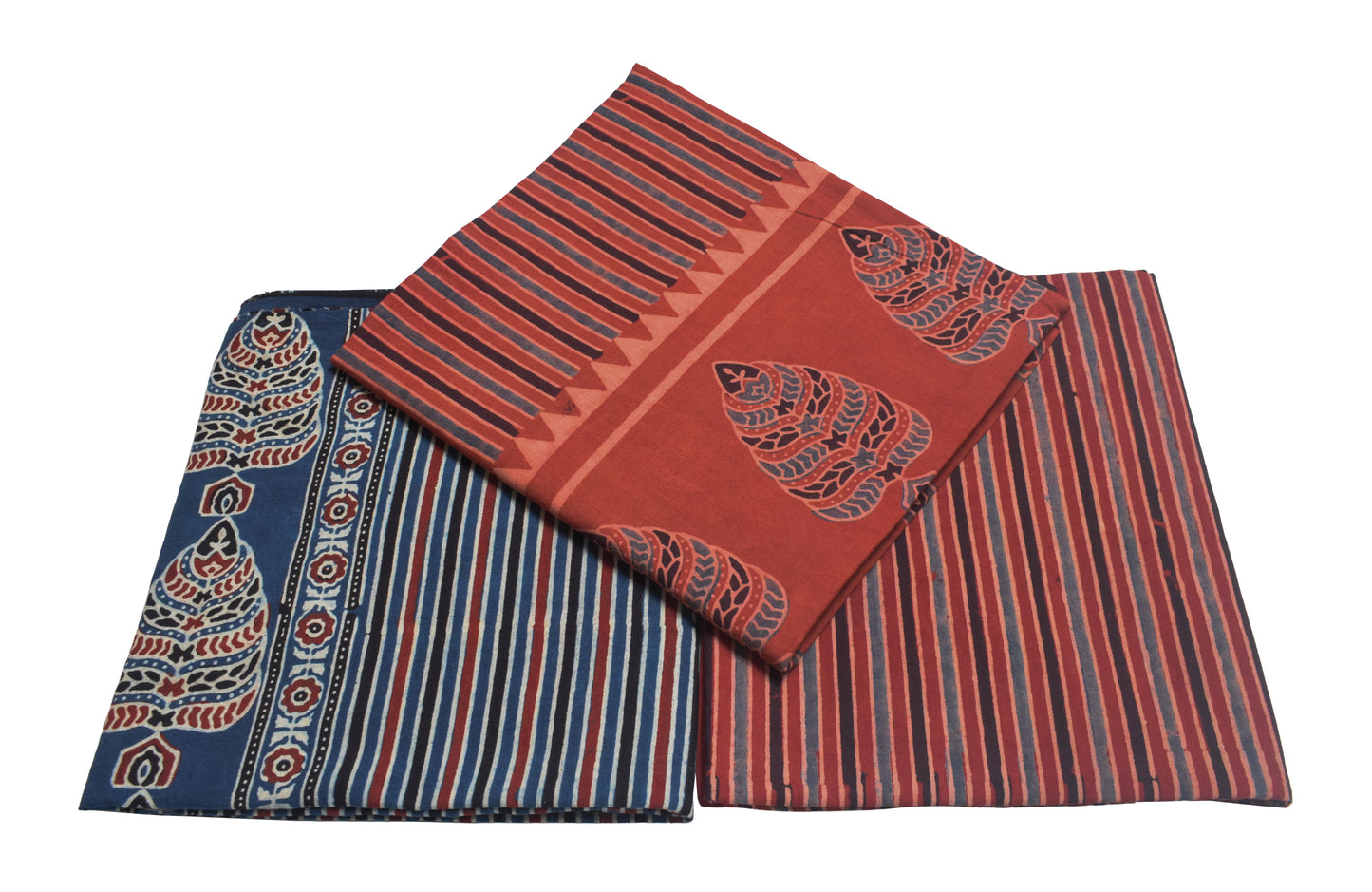 Ajrakh Cotton Natural Dye Three Colour Full Printed Hand Block Print Dress Material with 44 Inch wide Dupatta - 2.5 Mt Top    -  SKU : AI03501L