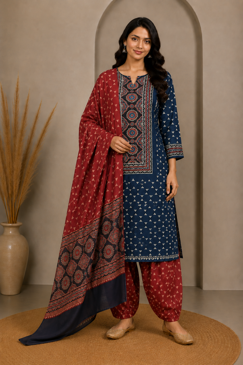 Ajrakh Cotton Natural Dye Three Colour Full Printed Hand Block Print Dress Material with 44 Inch wide Dupatta - 2.5 Mt Top    -  SKU : AI03501R