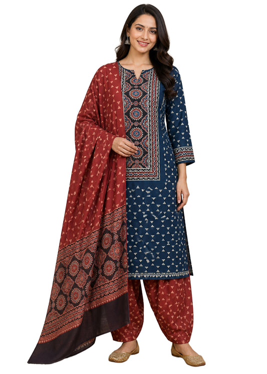 Ajrakh Cotton Natural Dye Three Colour Full Printed Hand Block Print Dress Material with 44 Inch wide Dupatta - 2.5 Mt Top    -  SKU : AI03501R